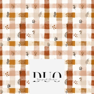 Puede incluir: Patrón creado digitalmente con una cuadrícula de cuadrados en tonos blanco, beige y óxido. Pequeñas ilustraciones botánicas en negro y marrón están dispersas por todo el diseño. El texto "DUO Designed Studio" está en el centro inferior.