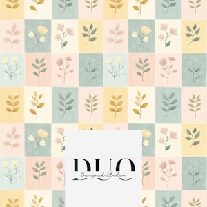 Puede incluir: Un patrón sin costuras con un diseño repetitivo de varios motivos florales y de hojas en tonos de amarillo, rosa y verde. El patrón se coloca sobre un fondo de cuadrados pastel amarillo, rosa y azul.