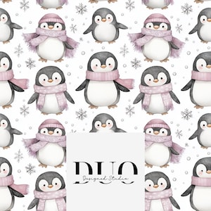 May include: A seamless pattern featuring watercolor illustrations of penguins wearing pink scarves and hats on a white background with snowflakes. The text "DUO Designed Studio" is in the center of the image.