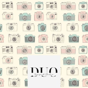 May include: A repeating pattern of vintage cameras in pastel colors, including pink, blue, and white, on a cream background. The cameras are hand-drawn with fine lines. The image includes the text "DUO Designed Studio".