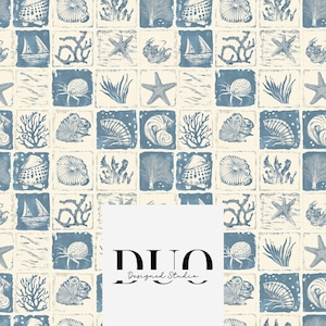 May include: A seamless pattern featuring a variety of blue and white nautical illustrations, including seashells, starfish, coral, and sailboats. The illustrations are arranged in a grid pattern on a cream background.