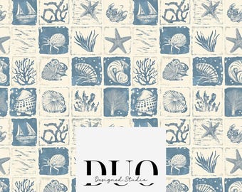 Coastal Squares Nautical Seamless Pattern, Repeat Surface Pattern, Fabric Pattern Digital Download Paper Commercial Licence Non-Exclusive
