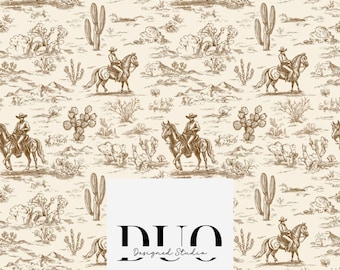 Toile Desert Cowboys Seamless Pattern, Western Repeat Surface Pattern, Cowgirl Fabric Pattern, Digital Paper Download, Commercial Use