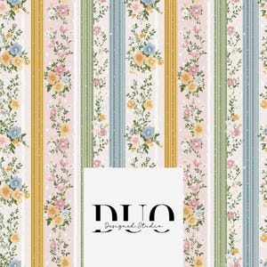 May include: A floral pattern featuring vertical stripes in pink, gold, green, and blue. The stripes are adorned with delicate floral arrangements in shades of pink, yellow, and blue. The text "DUO Designed Studio" is at the bottom.