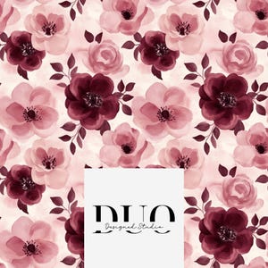 May include: A floral pattern with watercolour flowers in pink and burgundy, and dark green leaves. The flowers are arranged in a repeating pattern on a light background. The image includes the text "DUO Designed Studio".