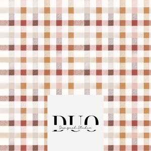 Puede incluir: Un patrón repetitivo de cuadrados en tonos de blanco, beige, marrón y rojo. Los cuadrados están dispuestos en forma de cuadrícula, creando un diseño de cuadros o vichy. El texto "DUO Designed Studio" está en la parte inferior.