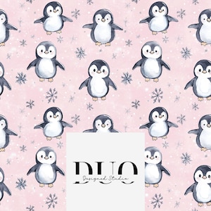 May include: A seamless pattern featuring cute cartoon penguins on a pink background with snowflakes. The penguins are black and white with orange beaks and feet. The pattern is perfect for fabric, wallpaper, or wrapping paper.