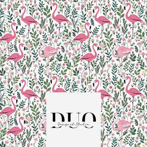 May include: A seamless pattern featuring pink flamingos and green foliage on a white background. The pattern is repeated throughout the image. The text "DUO Designed Studio" is in the center of the image.