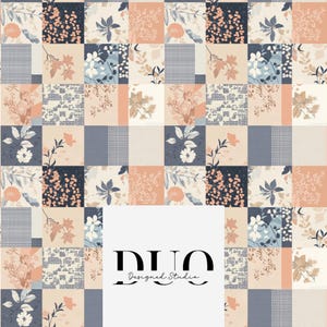 Puede incluir: Un patrón sin costuras que presenta un diseño de patchwork con varios motivos florales en tonos azules, rosas y beige. El patrón se repite en toda la imagen, creando un diseño cohesivo y visualmente atractivo.