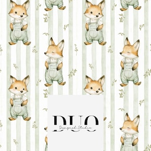 Può includere: Uno schema senza cuciture che presenta un design ripetitivo di volpi carine che indossano salopette blu su uno sfondo bianco con strisce verdi e piccole foglie verdi.