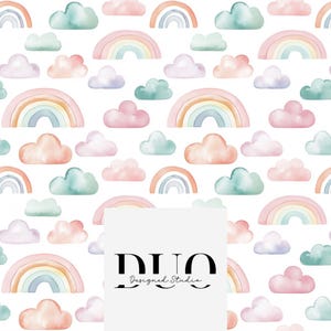 May include: A repeating pattern of watercolor rainbows and clouds in pastel colors of pink, peach, blue, and green on a white background. The text "DUO Designed Studio" is in a white rectangle.