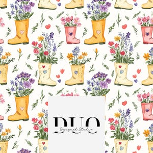 Könnte beinhalten: Ein nahtloses Muster mit gelben Gummistiefeln, die mit bunten Blumen gefüllt sind. Die Stiefel haben ein herzförmiges Design auf der Vorderseite. Der Hintergrund ist weiß mit kleinen grünen Blättern und Herzen.