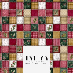 May include: A patchwork design featuring squares in shades of red, green, and gold. Some squares have floral and berry patterns, stripes, or plaid. The design includes the text "DUO Designed Studio" in a white rectangle.