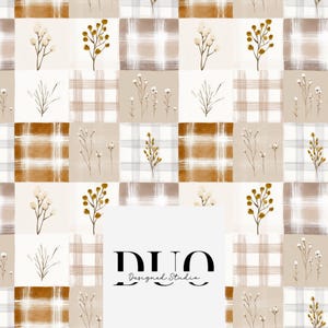 Könnte beinhalten: Ein sich wiederholendes Muster aus Quadraten mit Karomustern und floralen Designs in Braun-, Beige- und Weißtönen. Die Quadrate sind in einem Raster angeordnet und erzeugen einen Patchwork-Effekt. Der Text "DUO Designed Studio" befindet sich unten.