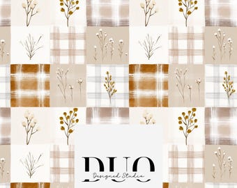 Patrón floral beige sin costuras de cuadros vichy, fondo de patchwork sin costuras de cuadros vichy, descarga de papel digital de tela otoñal, uso comercial