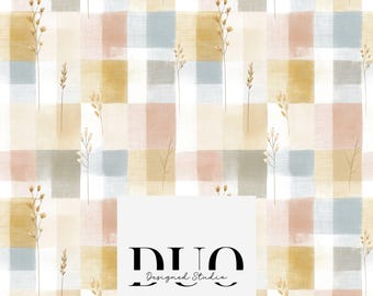 Patrón sin costuras de cuadros vichy con flores otoñales, fondo de patchwork sin costuras de cuadros vichy, descarga de papel digital de tela shabby chic, uso comercial