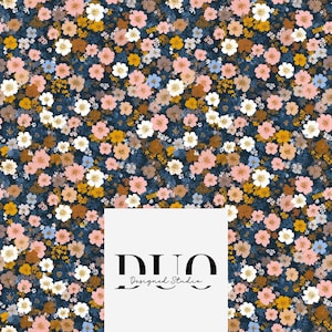 May include: A floral pattern featuring a dense arrangement of small flowers in shades of pink, white, yellow, and blue against a dark navy background. The design includes the text "DUO Designed Studio" in a white rectangle.