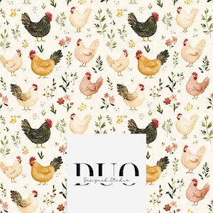 Floral Chickens Country Chic Seamless Pattern, Repeat Surface Pattern, Fabric Pattern Digital Download Paper, Licence Non-Exclusive