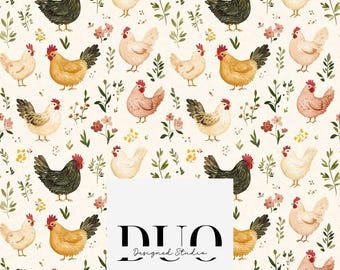 Patrón sin costuras de gallinas florales estilo campestre chic, patrón de superficie repetitivo, patrón de tela para descarga digital, licencia no exclusiva