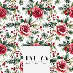 May include: A seamless pattern featuring watercolor roses in shades of red and pink, interspersed with green pine needles, holly leaves, and red berries on a white background. The design includes the text "DUO Designed Studio".