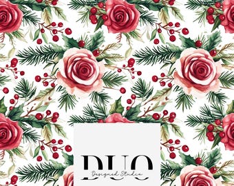 Christmas Red Floral Seamless Pattern, Repeat Tile Surface Pattern, Christmas Fabric Digital Paper Download, Commercial Licence
