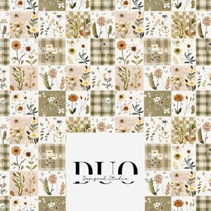 Puede incluir: Un patrón de patchwork repetido con cuadrados florales y a cuadros en crema, verde oliva y melocotón. El diseño presenta varias flores y elementos botánicos. El texto "DUO Designed Studio" está en la parte inferior.