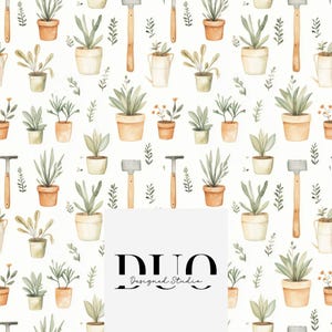 Potted Plants Summer Seamless Pattern, Gardening Repeat Surface Pattern, Garden Fabric Pattern, Digital Paper Download, Commercial Use