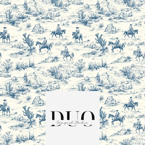 Navy Toile Desert Cowboys Seamless Pattern, Western Repeat Surface Pattern, Cowgirl Fabric Pattern, Digital Paper, Commercial Use