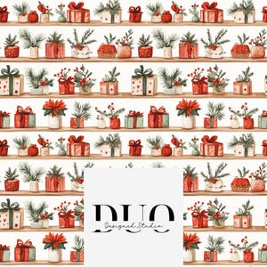 May include: A repeating pattern of watercolor illustrations featuring Christmas gifts and potted plants on wooden shelves. The gifts are wrapped in red, green, and white paper, adorned with bows. The plants include poinsettias, evergreen branches, and berries.