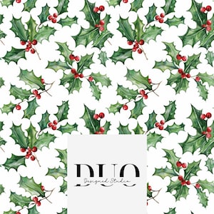 Christmas Holly Sprigs Seamless Pattern, Repeat Tile Surface Pattern, Fabric Digital Paper Download Commercial Licence Non-Exclusive White