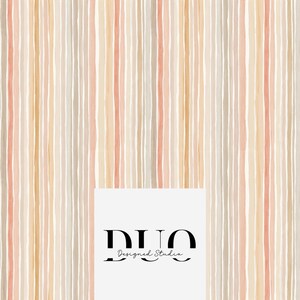 May include: Vertical striped pattern in shades of beige, peach, and gray. The design features irregular, hand-painted lines, creating a textured look. The bottom right corner displays the text "DUO Designed Studio" in a black, stylized font.