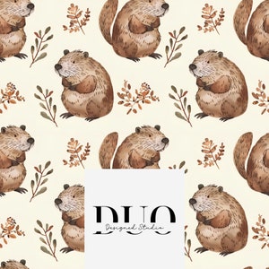 May include: A seamless pattern featuring watercolor illustrations of brown beavers with a white background. The beavers are depicted in a standing position with their paws crossed. The pattern also includes brown and green watercolor leaves and branches.