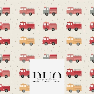 May include: A repeating pattern of cartoon fire trucks in red, yellow, and gray on a cream background. The fire trucks have ladders and are decorated with small red dots. The image includes the text "DUO Designed Studio."