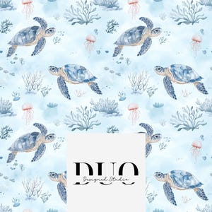 May include: Sea turtle pattern featuring blue and white watercolour sea turtles, coral, and jellyfish on a light blue background. The text "DUO Designed Studio" is in the centre of the image.