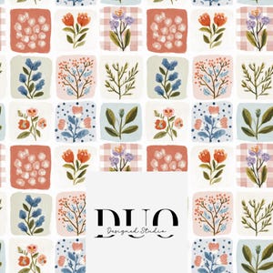 Könnte beinhalten: Ein sich wiederholendes Muster floraler Designs in quadratischen Blöcken. Die Blöcke zeigen verschiedene Blumen und Blätter in Rot-, Blau-, Rosa- und Grüntönen vor einem weißen Hintergrund. Einige Blöcke haben ein Vichy- oder Tupfenmuster.