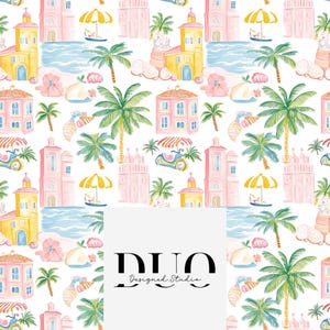 Puede incluir: Patrón de acuarela con edificios rosas y amarillos, palmeras, sombrillas y un scooter. El diseño incluye conchas marinas, flores y una escena de playa. El texto "DUO Designed Studio" está en la parte inferior.