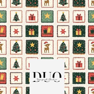 May include: A repeating pattern of Christmas-themed postage stamp designs. Each stamp features a Christmas tree, star, gift, or reindeer wearing a Santa hat. The stamps are in red, green, and gold on a cream background.