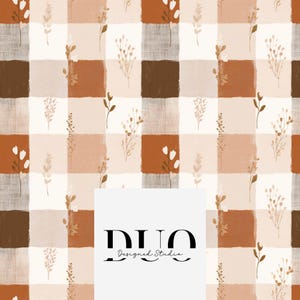 Puede incluir: Un patrón sin costuras con un diseño a cuadros en tonos marrón, beige y blanco. Delicadas ramitas florales están dispersas por todo el patrón. El texto "DUO Designed Studio" se muestra en negro.
