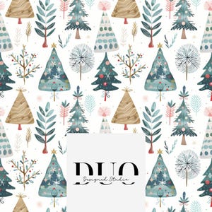 May include: A seamless pattern featuring a variety of stylized Christmas trees in shades of blue, green, brown, and white. The trees are decorated with snowflakes, stars, and other festive details. The background is white.