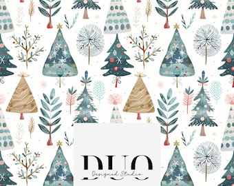 Patrón sin costuras de árboles escandinavos, papel digital de árbol de Navidad en acuarela, descarga digital de bosque, licencia comercial no exclusiva