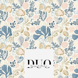 May include: A seamless pattern featuring a variety of sea life, including seashells, coral, and seaweed. The pattern is in shades of blue, pink, and gold on a cream background.