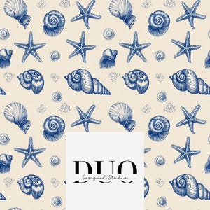 Navy Seashells Seamless Pattern, Beach Seamless Background Pattern, Seashells Fabric, Seaside Digital Paper, Commercial Use