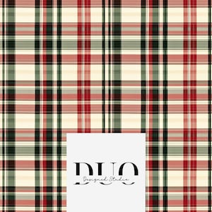 May include: A seamless pattern of red, green, and white plaid. The pattern is repeated throughout the image. The text "DUO Designed Studio" is in the center of the image.