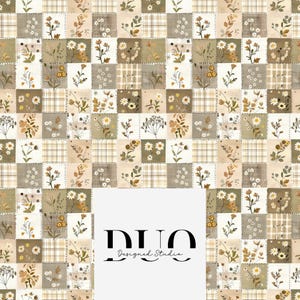 May include: A patchwork fabric pattern featuring alternating squares of botanical illustrations and plaid designs in shades of sage green, beige, cream, and brown. The text DUO Designed Studio is centered in black lettering over a white rectangular overlay.