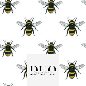 May include: A white background with a repeating pattern of detailed illustrations of bees. The bees are black and yellow, with delicate wings. A white rectangle at the bottom contains the text "DUO Designed Studio".