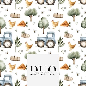 Könnte beinhalten: Ein nahtloses Muster mit Aquarell-Illustrationen eines blauen Traktors, Hühnern, Baumstämmen, Karotten und grünen Bäumen auf weißem Hintergrund. Der Text "DUO Designed Studio" befindet sich in der Mitte des Bildes.