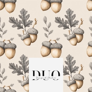 May include: A repeating pattern of acorns and oak leaves in shades of brown and gray on a cream background. The acorns are detailed with textured caps. The image includes the text "DUO Designed Studio" in a black font.