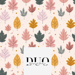 May include: A repeating pattern of stylized leaves in shades of pink, mustard yellow, and dark teal on a light cream background. Small yellow dots are scattered throughout the design. The text DUO Designed Studio is centered in black.