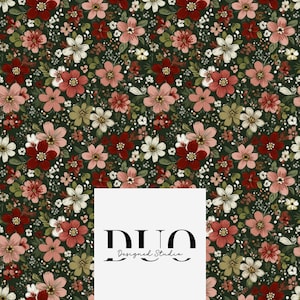 May include: A floral design with a dark green backdrop, covered in a dense arrangement of flowers in red, pink, white, and cream. The flowers have detailed petals and are mixed with small green leaves. The text "DUO Designed Studio" is in the lower right corner.