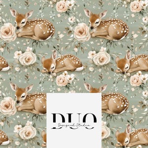 May include: A seamless pattern featuring a repeating design of white roses and sleeping fawns on a sage green background. The pattern includes the text "DUO Designed Studio".